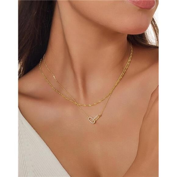 14K Gold Paperclip Pendant Necklace | Dainty Layered - Picture 4 of 5
